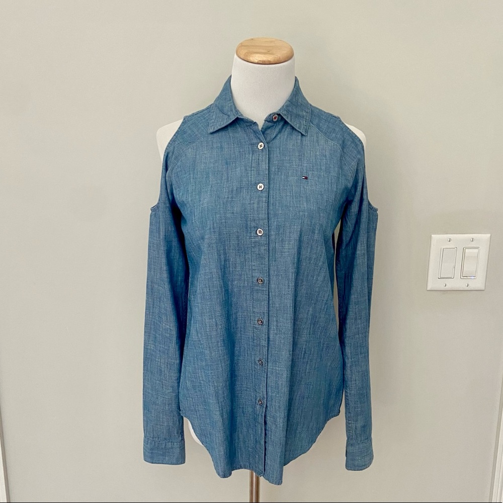 Tommy Hilfiger Cold Shoulder Denim Button-Down Top